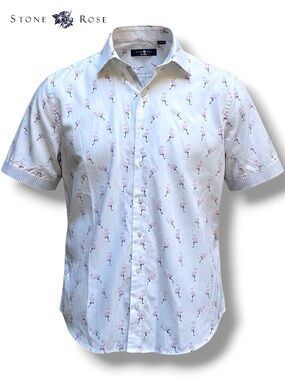 🦩Stone Rose Men’s Shirt Short Sleeve Flamingo Rare Print Cotton Resort | Sz M🦩